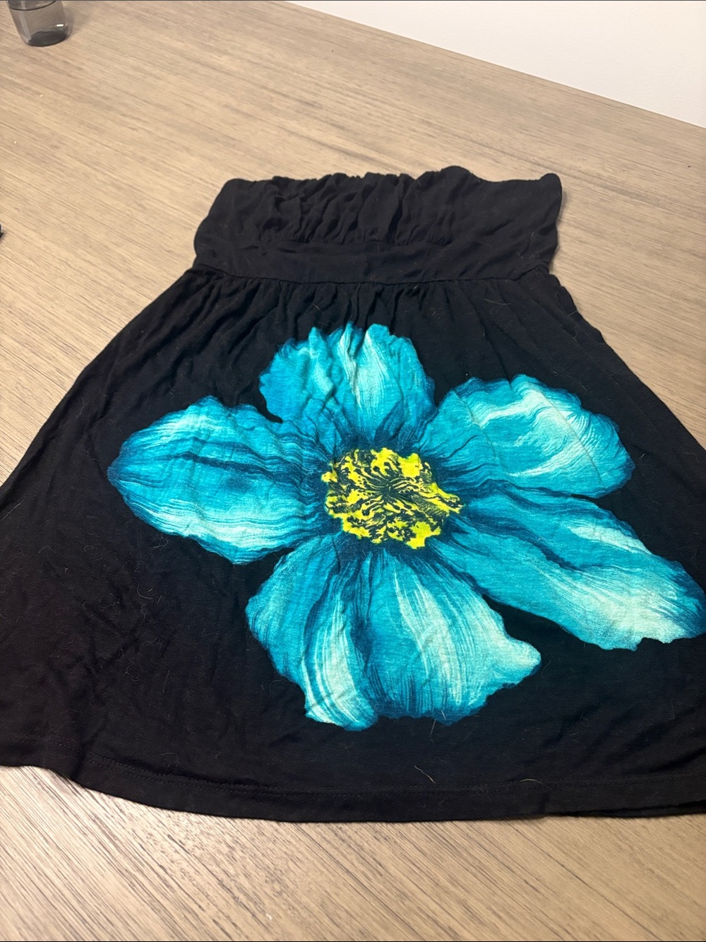 Black Strapless dress with Large Teal Floral Print